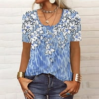 Ženska modna casual s kratkim V-izrezom Vidi etničko tiskanje gumb Loop top, svijetlo plava, XL, 95%