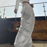 Žene pune dužine hlače za čišćenje teretnih hlača Ležerno slobodno vrijeme opušteno labavo visoke struk ravne hlače sa lounge hlače bib hlače covetll sa džepovima pantalone dugih hlače, bijelo, l