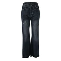 Ženske visoke čvrste hlače u džepni džep u boji traper tipka elastične traperice