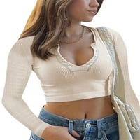 SDGHG Ženska kratka košulja, dugi rukav patchwork rebrasti prednji gumb V-izrez obrezani vrhovi, dame proljeće ljeto tanka majica na pupka