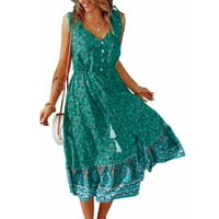 Ženska tipka V-izrez Sundress Perpum Ljetna mini suknja Ženska povremena cvjetna haljina Plava