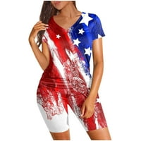 SKSLOEEG Dvije odjeće za žene izlaze, dvije ljetne odjeće Američka zastava s kratkim rukavima Štampana patriotske majice Hlače za bicikle hlače, crveni l