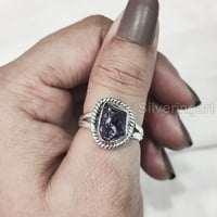 Prirodni ametist prsten, grubi Amethyst Gemstone prsten, februar, boemski prsten, srebrna, ženski prsten,