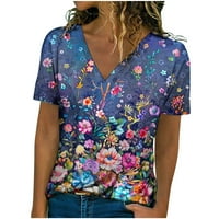 Prevelike majice za žene, žene na vrhu Casual V izrez kratkih rukava majica Ljetna cvjetna ispis bluza labava majica mornarica