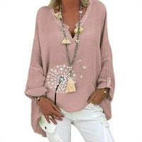Uhndy Women Plus size labav dugi rukav cvjetni povremeni tunički vrhovi V izrez majice Pink 5xl
