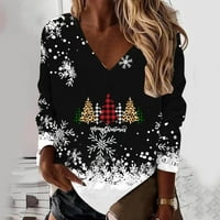Ženska božićna labava dukserica Crno Božićno stablo Snowflake snjegović Dol Print V Prover Duks gornji ženski džemper