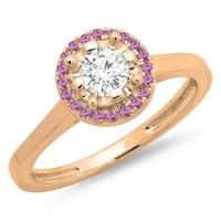 0. Carat 10k Rose Gold Round Pink Sapphire & White Diamond Dame Bridal Halo Style Angažman prsten CT