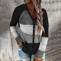 Paptzroi modni ženski prugasti boja blok dugih rukava pleteni kardigan džemper s kapuljačom
