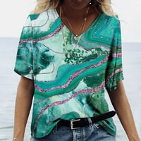 Yyeselk ljetne bluze za žene seksi V-izrez kratkih rukava tunika Tundy Sparkly Mramorni tisak majica za nošenje sa gamašima zelenim m