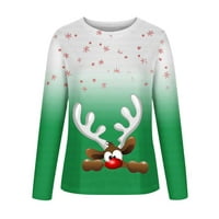 Odeerbi božićne košulje za žene dugih rukava 3D tiskani jelen Ležeran okrugli vrat Pulover zeleno