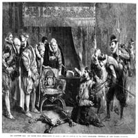Plot baruta, 1605. Nguy Fawkes ispitivao je kralj James I i njegovo vijeće u kraljevom krevetu u Whitehall-u