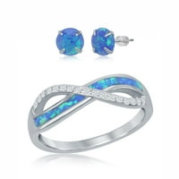 Sterling Silver Rodium White Blue Inlay kreirao je Opal sa kubnim cirkonijskim beskonačnim prstenom, uključujući okrugle plave boje stvorene Opal Stud naušnice Nakit
