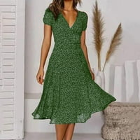 Ženske haljine midi duljina dressy moda ljetna V-izrez zavoja za zavoj do dot print casual haljine kratkih rukava proljeće ljetne haljine za žene greenm
