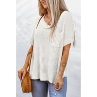 Ženske košulje modne žene casual solid V-izrez pleteni džep labav džemper s kratkim rukavima bijeli m