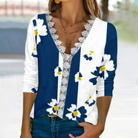 Jesen cvjetni tiskani vrhovi za žene Crochet čipke TRIM V izrez T košulje Casual Loose pulover Tee majice Plavi XL