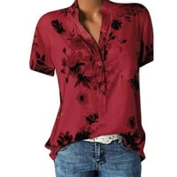 Qcmgmg ljetne bluze za žene s kratkim rukavima cvjetni vrhovi labavi fit gumb dole ležerne Henley majice crvene s