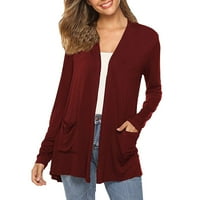 Fall Cardigani za žene s dugim rukavima otvoreni prednji kardigani džemperi V izrez Solid Color Coat gornja odjeća sa džepovima vino s
