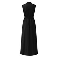 Ženska modna čista boja V-izrez bez rukava s tankom bodskom omotačem duga haljina crna xl