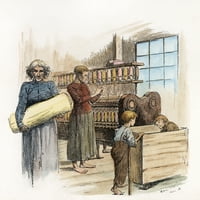 Proizvodnja tekstila, 1891. Nwomen i djeca u pamučnom mlinu u Gruziji. Graviranje linije, Amerikanac.