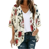 Ženski cvjetni print puff rukav kimono kardigan labav šifon pokrovite ležerne bluze