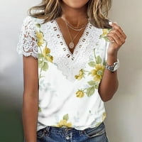 Dyegold čipke za žene kratki rukav V izrez cvjetni tiskani ljetni labavi bluze Dressy casual slatka tunika majice