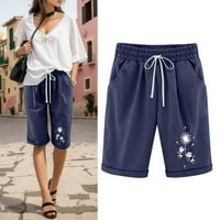 Žene cvjetni print ljeto nacrtajući otisci kratke hlače plaža pamučne hlače za vježbanje džepova pet bodova hlače mornarica m