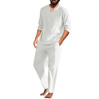 Objave za muškarce Ležerne posteljine i hlače, postavljeni čvrsti modni pamučni mješavina V-izrez, pulover odijela za plažu