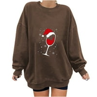 Dahich Women Crveno vino Glass Božićni duks smiješni božićni pulover Santa šešir grafički bluza majica Brown S