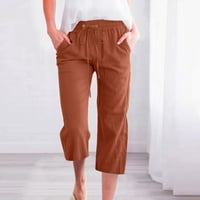 USMIXI ženske elastične struk obrezane hlače Trendne crtežnice labave ravne pantalone Ležerne pune pamučne posteljine džepove kafe s