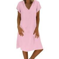 LISINGTOOL haljine za žene ženske opuštene čvrste boje FIT TERRY pamuk i kratki rukav V vrat haljina kućne haljine ružičaste