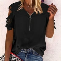 Žene Ljeto vrhovi ženski labavi V-izrez Pola zip majica s kratkim rukavima crna 2xl