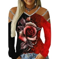 Ženski ljetni vrhovi ruže tiskani na vratu s ramena dugih rukava s dugim rukavima crvena s