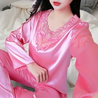 Huanledash set Žene pidžame postavljene svilenkaste dugih rukava V izrez Solid Color Labavi spavanje