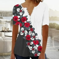 Ležerni cvjetni tipka Henley vrhovi za žene Trendi kratki rukav ruširani naletirani tunički majica sa