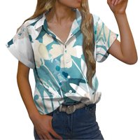 Ženski cvjetni ispisani uzorak vrhovi rever s majicama bluza s kratkim rukavima V majica za vrat Redovna fit tunika Ljetna tebi nebeska plava m