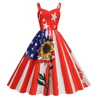 Ernkv Ženska midi linija CAMI Dress Clearence Stripe Star Print Odjeća Patriotsko sundress V izrez Swing