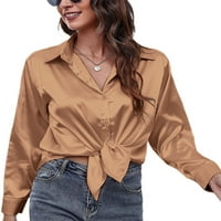 Prednji protok Ženska bluza Rever izrez Košulje dugih rukava Holiday Casual Tunic Majica Dugme Smeđa