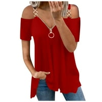 Ženska modna casual tanka V-izrez patentni zatvarač s ramenom SOLISTEMENDER kratki rukav majica crvene