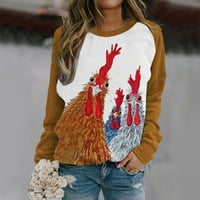 Ženska proljetna i jesenja majica s dugim rukavima Slatki pijetla Ispis okrugli vrat Pulover modni patchwork