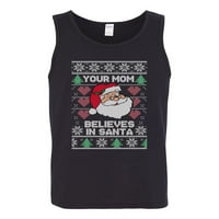 Vaša mama vjeruje u santa ružni božićni džemper muški grafički tenk top, crni, srednji