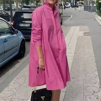 Haljine za žensko čišćenje, ženski džep s dugim rukavima čvrsta dugačka maxi haljina vruća ružičasta