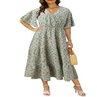 Prednjeg swalk-a Ljeto Maxi haljina V izrez Sundress kratki rukav plus veličina duga haljina udobna