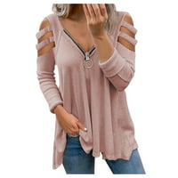 Labakihah T majice & nbsp; za žene ženske ovratnike V-izrez patentni zatvarač u boji dugih rukava ležerna bluza ružičasta