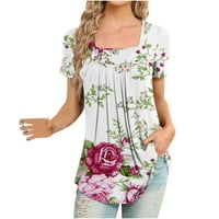 Ženski slatki elegantni vrhovi cvjetni uzorak majice kratki rukav kvadratni bluza za vrat 50% popusta na čišćenje majica Grafička tunika ljubičasta l