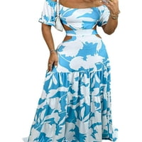 Niuer Dame Maxi haljine sa ramena ljeto plaža sa rukom s kratkim rukavima duga haljina labava ljuljačka-haljina cvjetno printsko nebo plavo m