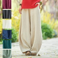 Simu ženske ležerne ravne pantalone posteljina džep elastična pantalona za prozračnu pamučne pamučne