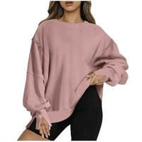 Bluze za žene Dressing Ležerne prilike, Ženska labava Crewneck Dugi rukav Ležerne prilike sa čvrstim tankim puloverm vrhovi majice ružičaste male