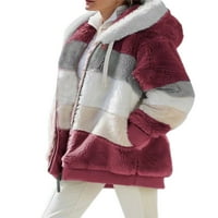 Ženska kaputa sa kapuljačom od runa zimska topla plišana kardigan jakna boja blok sherpa odjeća s džepovima