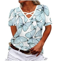 Yyeselk Trendy Womens Ljetne košulje Crossover Kroz V-izrez Kratki rukavi Ugodne bluze Modni leptir Ispis Jednostavni stil Vrhovi Light Blue XXL