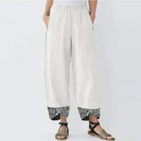 Homenesgenicki popust Ženske pantalone Posteljine hlače za žene Bijela ženska povremena pamučna posteljina Ispis nepravilnih elastičnih struka labavih hlača